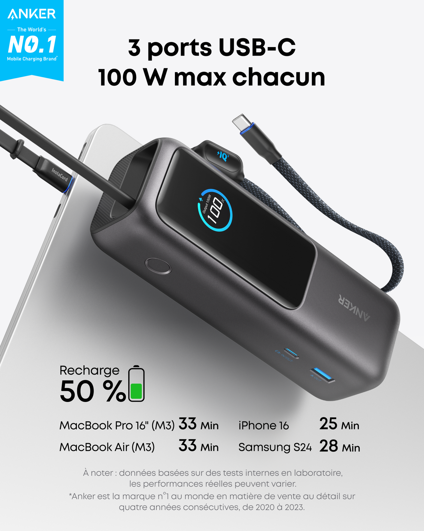 PowerBank Anker (25K, 165 W, câble intégré + câble rétractable)