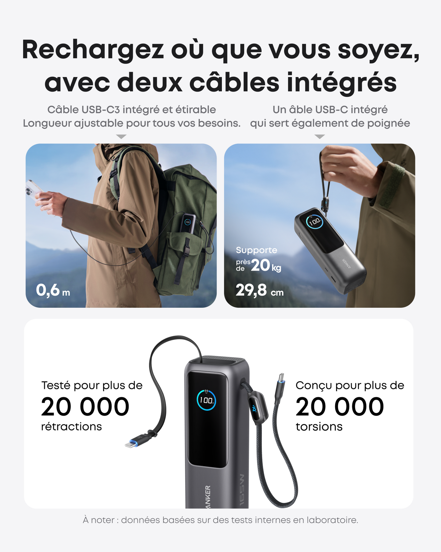 PowerBank Anker (25K, 165 W, câble intégré + câble rétractable)