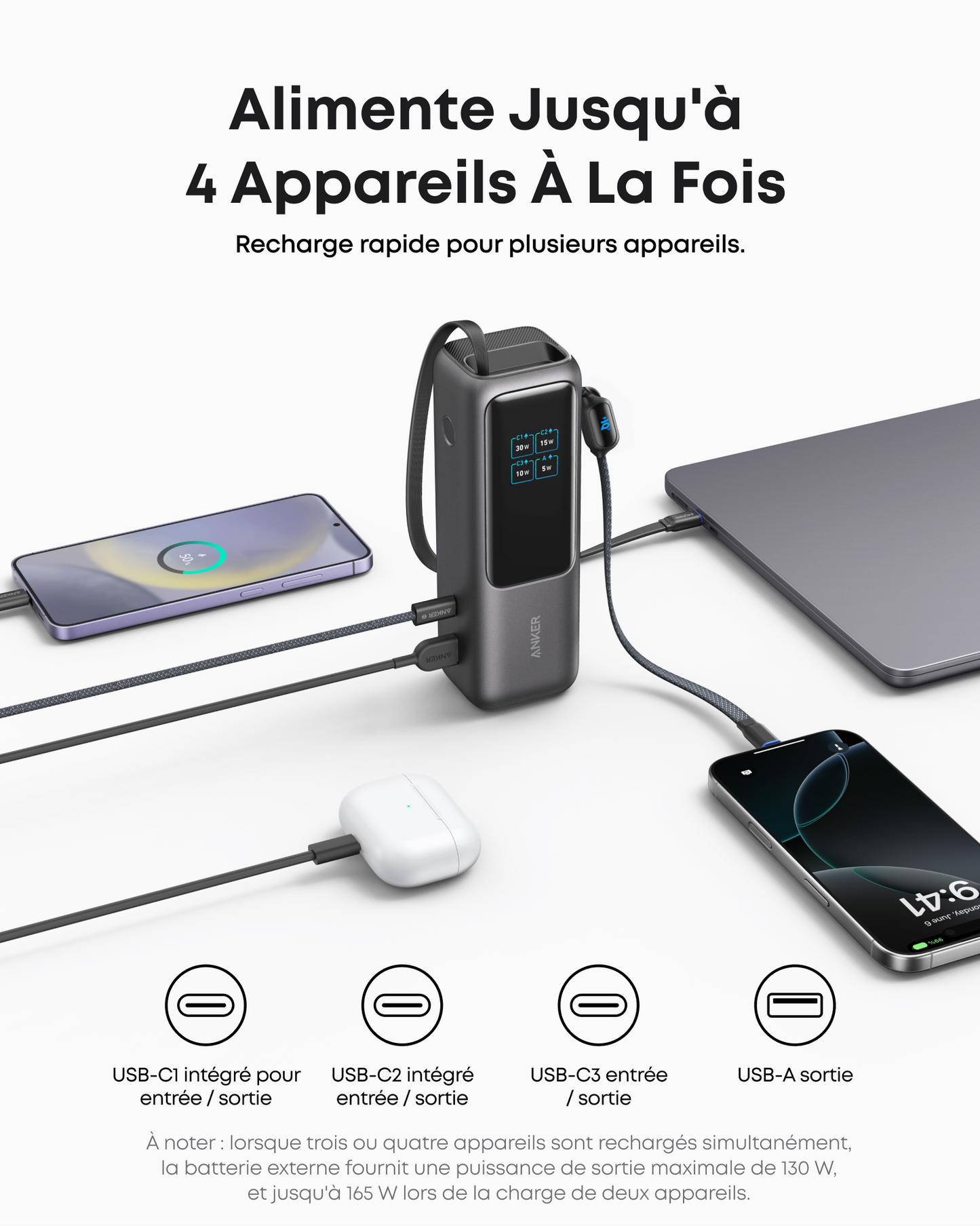 PowerBank Anker (25K, 165 W, câble intégré + câble rétractable)