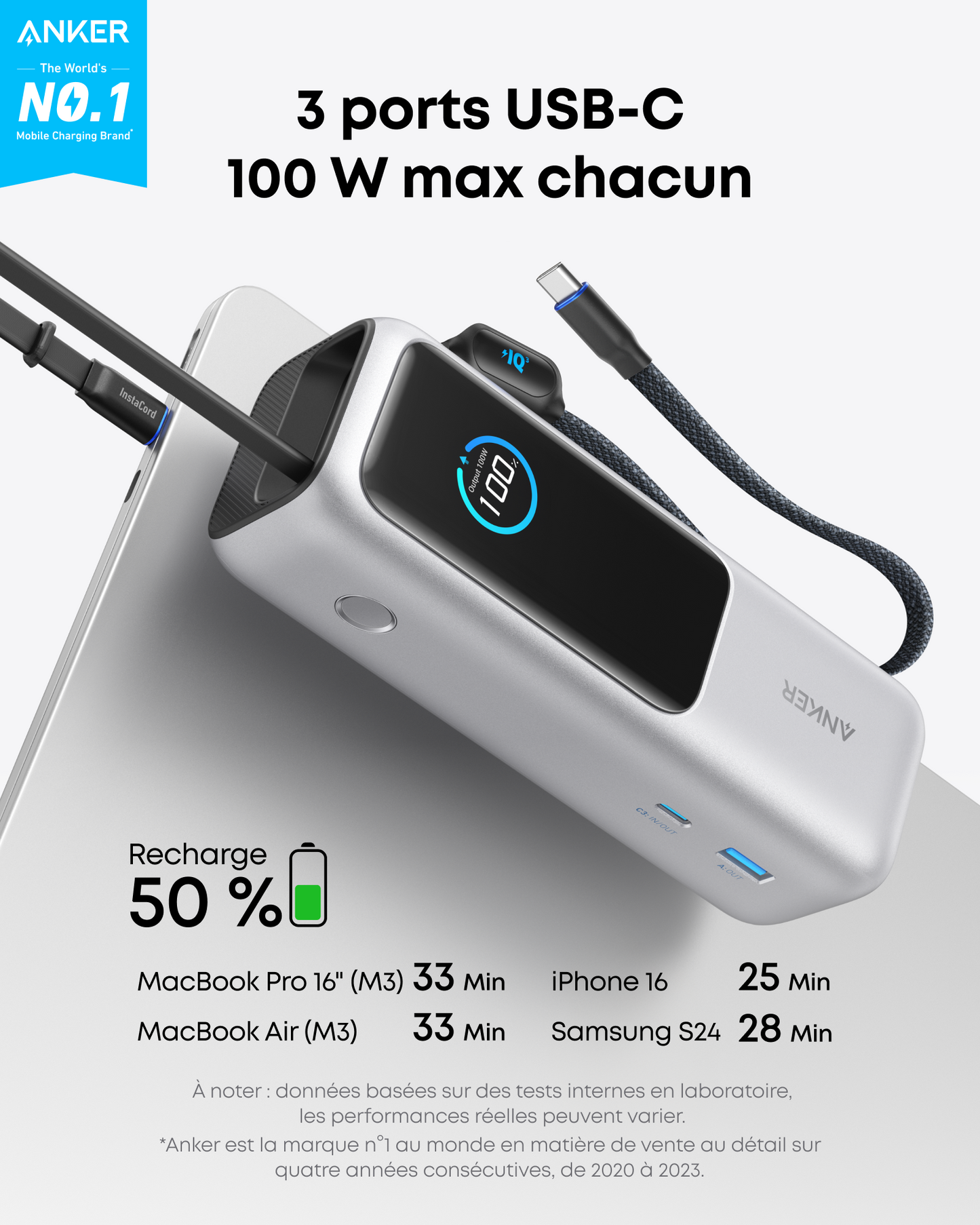 PowerBank Anker (25K, 165 W, câble intégré + câble rétractable)