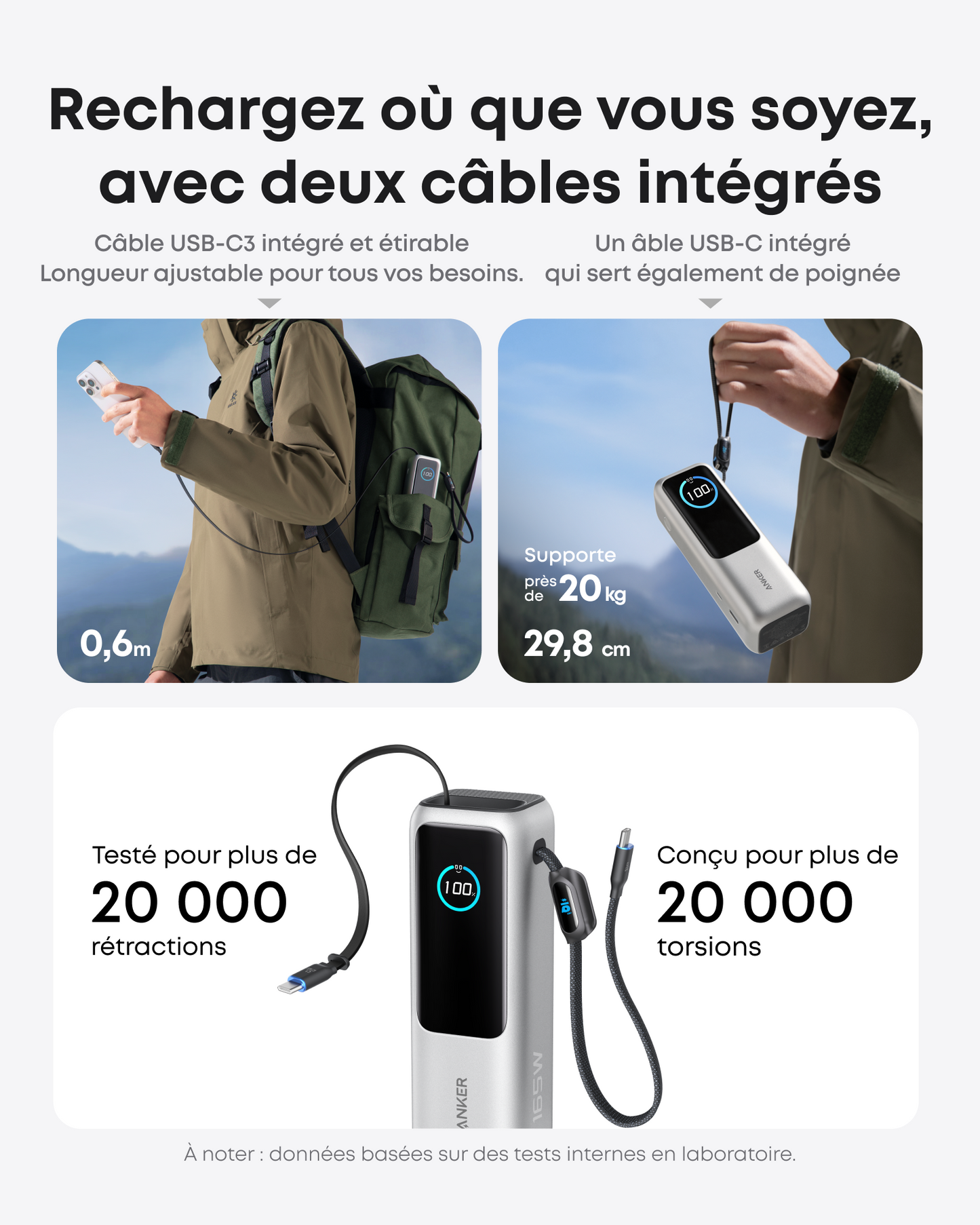 PowerBank Anker (25K, 165 W, câble intégré + câble rétractable)