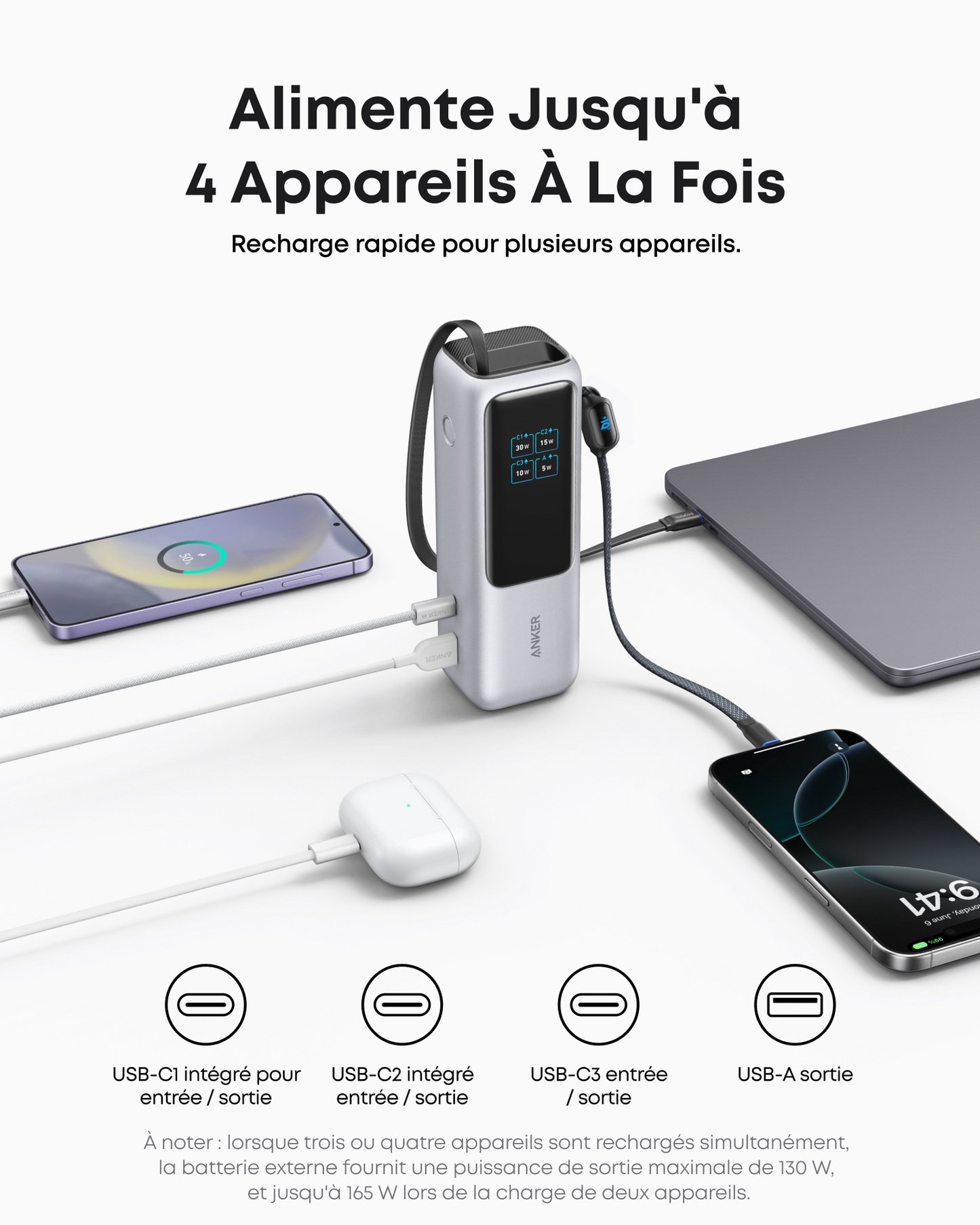 PowerBank Anker (25K, 165 W, câble intégré + câble rétractable)