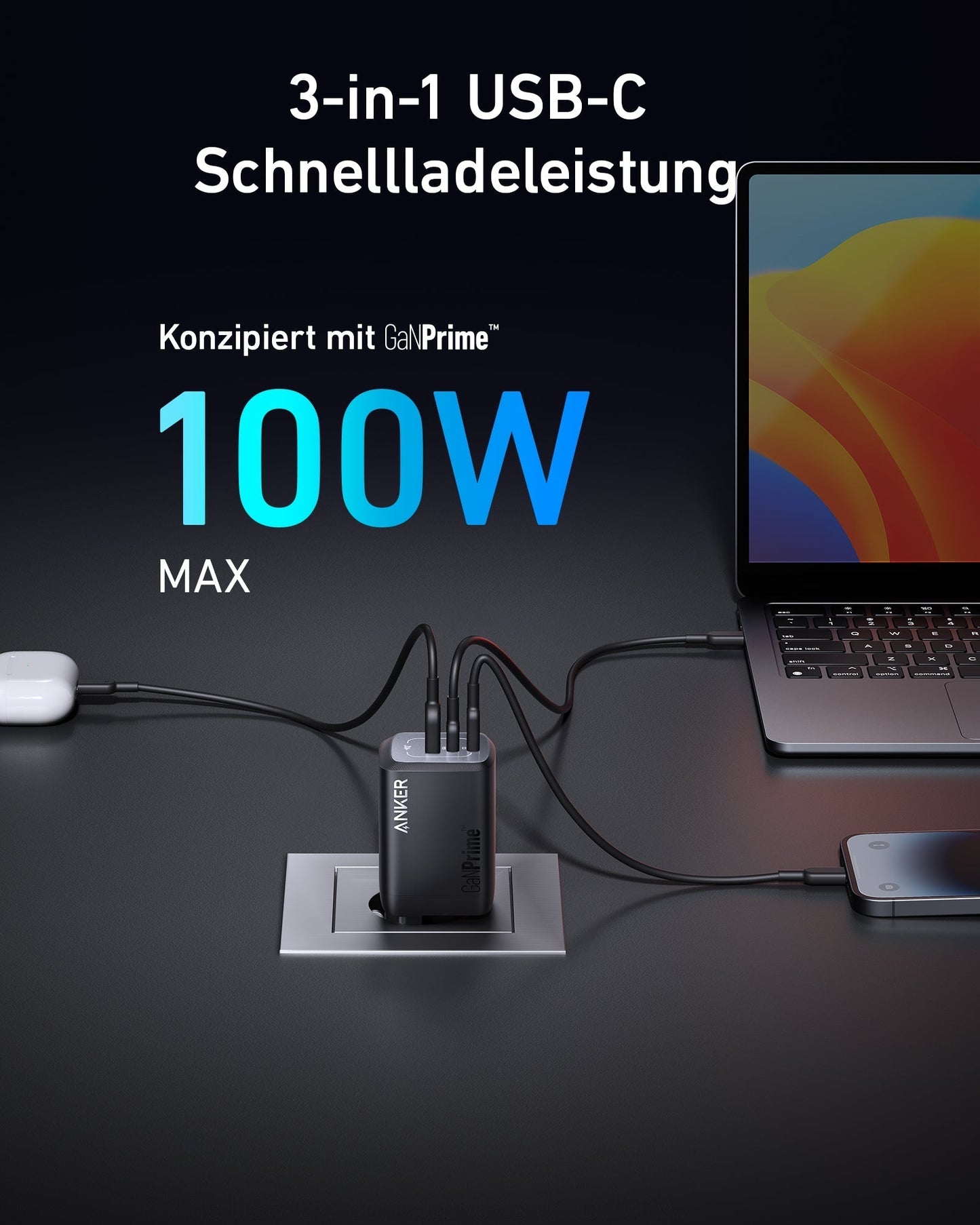 Anker Prime chargeur USB-C GaN 100 W + Câble USB-C vers USB-C Anker Prime (240 W)