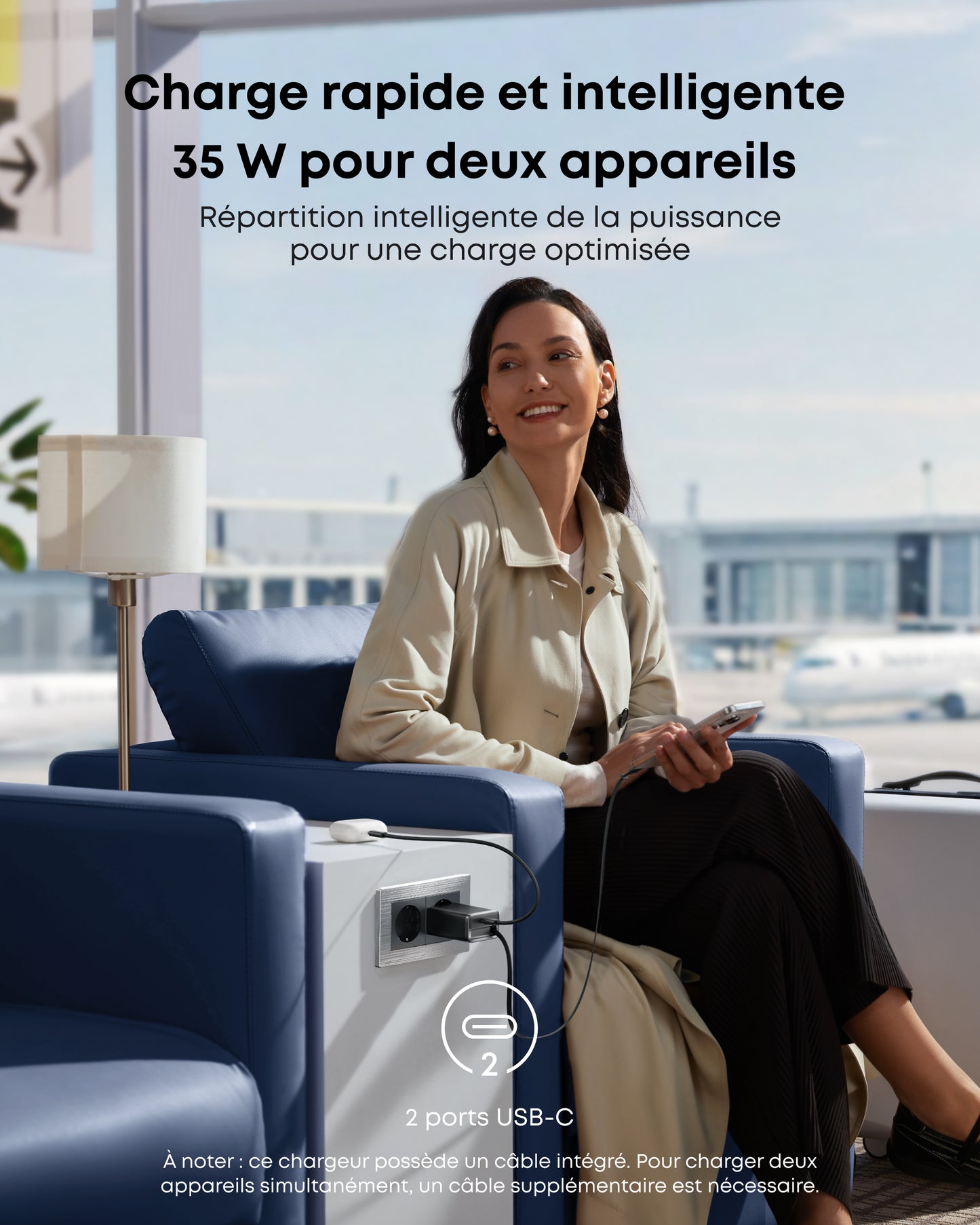 Chargeur Anker Nano (35 W) avec câble USB-C rétractable