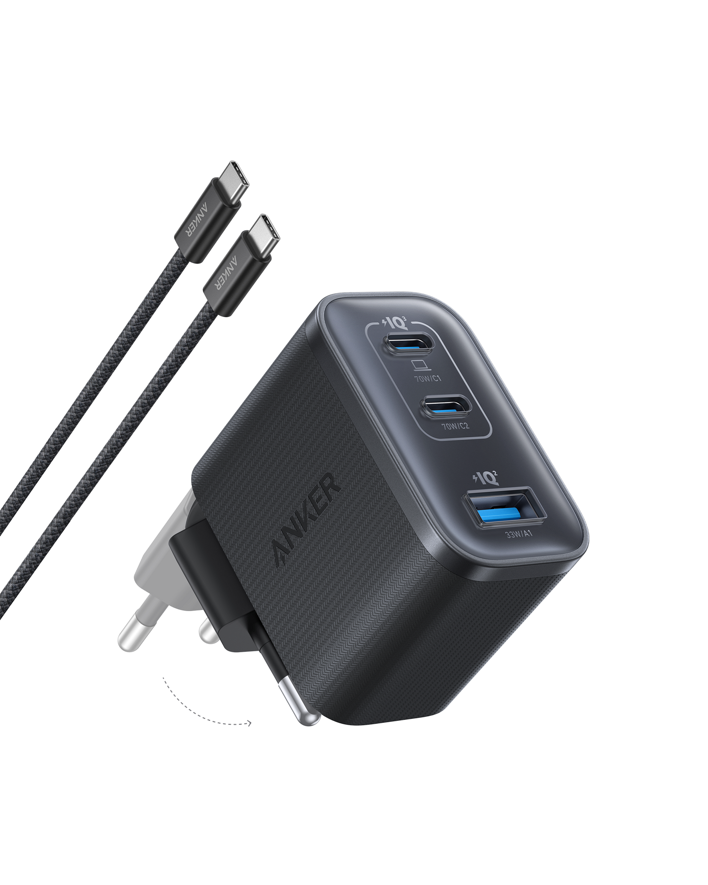 Chargeur Anker Nano (70 W, 3 ports) avec câble USB-C