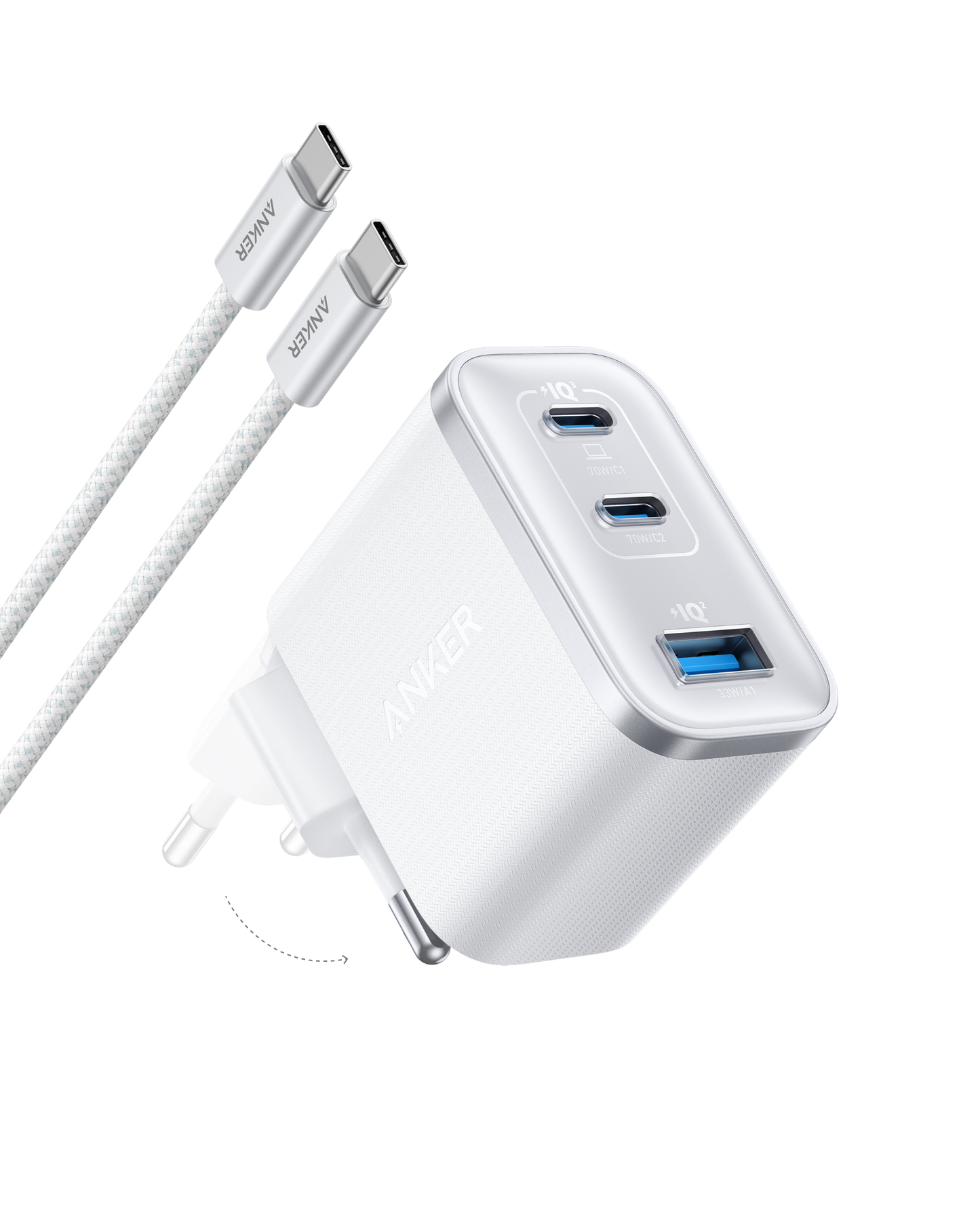 Chargeur Anker Nano (70 W, 3 ports) avec câble USB-C