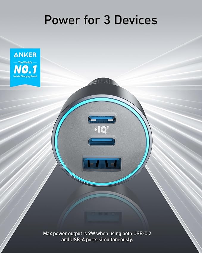 Chargeur Anker Voiture 67 W (3 ports, câble USB-C inclus)