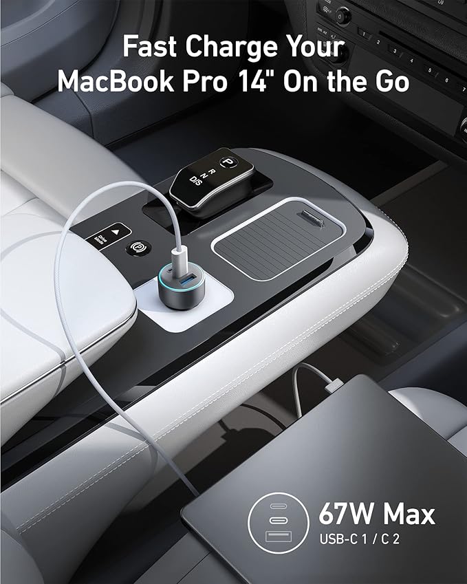 Chargeur Anker Voiture 67 W (3 ports, câble USB-C inclus)