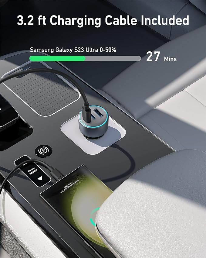 Chargeur Anker Voiture 67 W (3 ports, câble USB-C inclus)