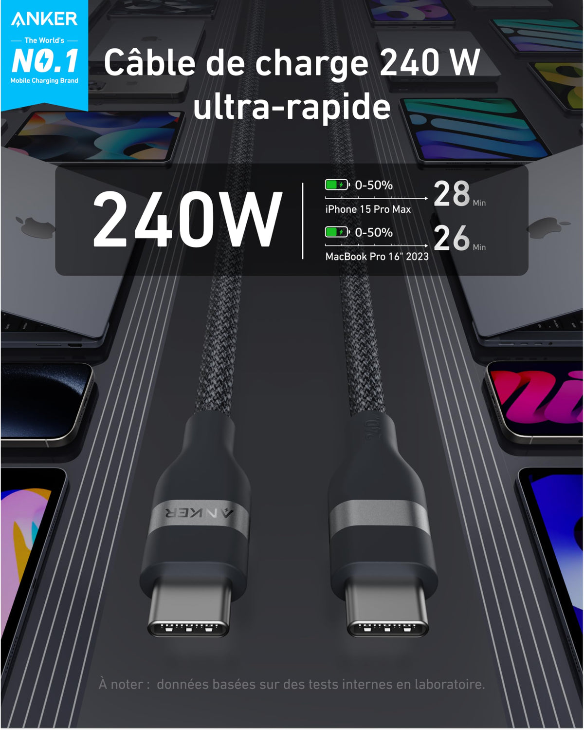 Chargeur Anker Nano (45 W, écran intelligent) + Câble Anker USB-C vers USB-C (240 W, upcyclé et tressé)