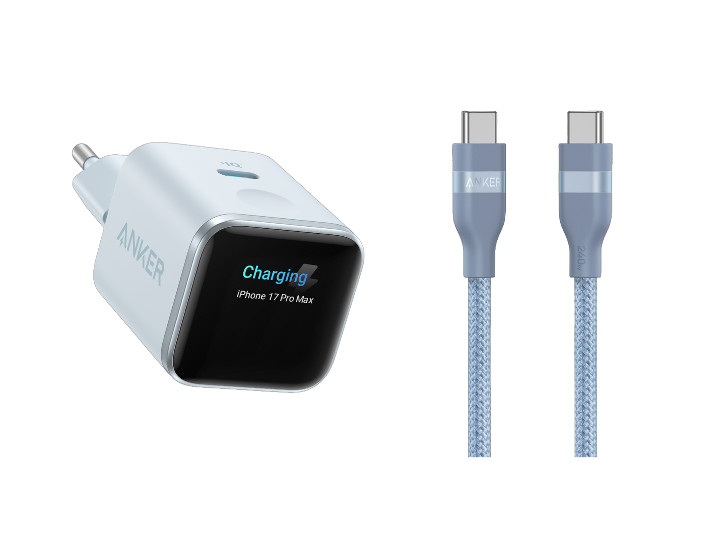 Chargeur Anker Nano (45 W, écran intelligent) + Câble Anker USB-C vers USB-C (240 W, upcyclé et tressé)