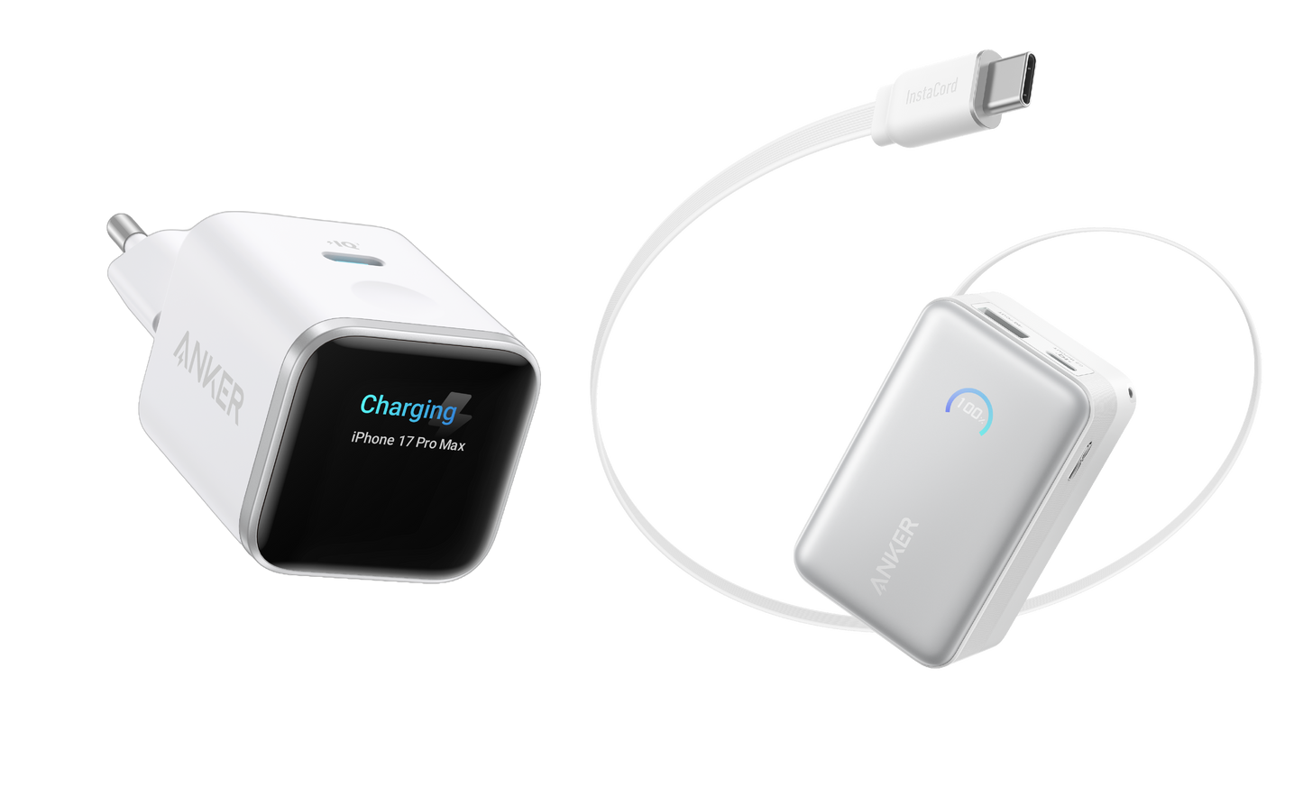Chargeur Anker Nano (45 W, écran intelligent) + Batterie externe Anker Nano (10K, 45 W, câble USB-C rétractable intégré)