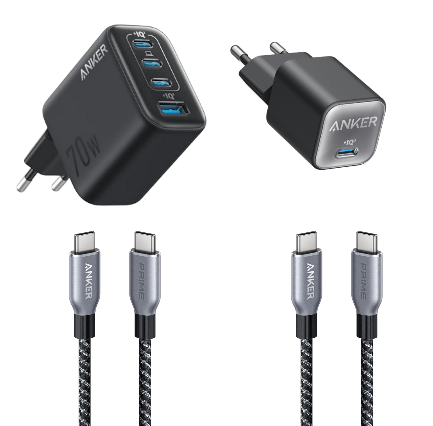 Chargeur Anker Zolo (70 W, 4 ports) + Chargeur Anker <b>511</b> + Câble USB-C vers USB-C Anker Prime (240 W, design tressé et recyclé)