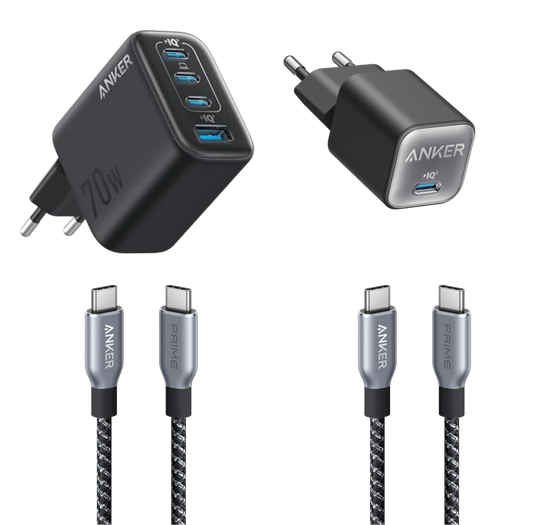 Chargeur Anker Zolo (70 W, 4 ports) + Chargeur Anker <b>511</b> + Câble USB-C vers USB-C Anker Prime (240 W, design tressé et recyclé)
