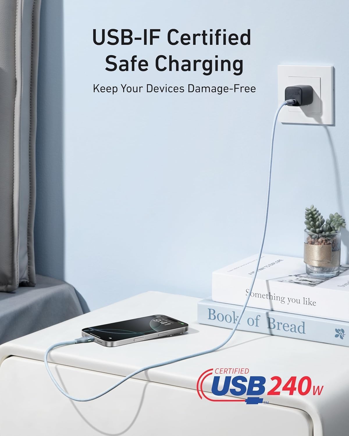 Chargeur Anker Nano (45 W, écran intelligent) + Câble Anker USB-C vers USB-C (240 W, upcyclé et tressé)