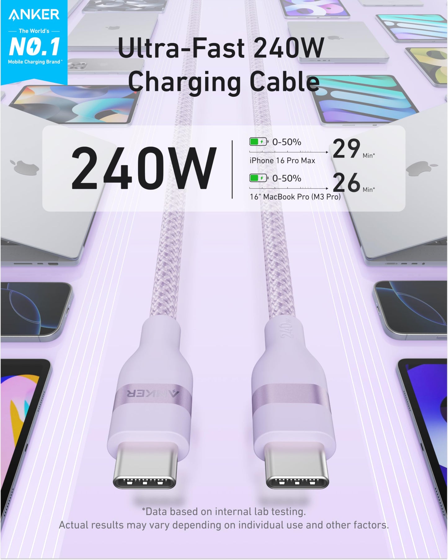 Câble Anker USB-C vers USB-C (240 W, upcyclé et tressé)