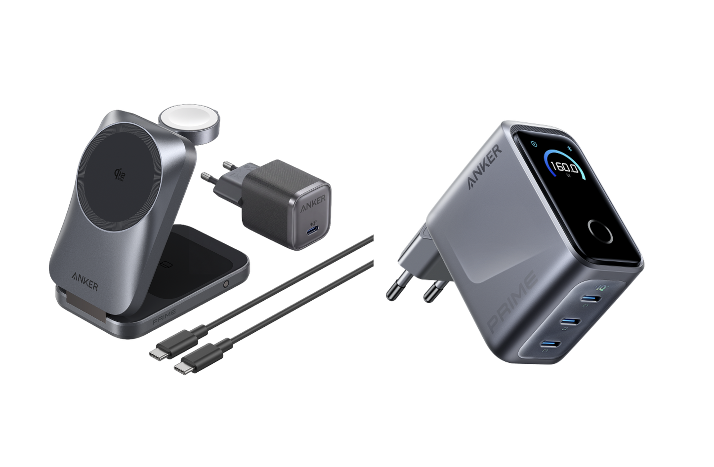 Station de charge sans fil Anker Prime (3-en-1, MagGo, AirCool, pliable) + Chargeur Anker Prime (160 W, 3 ports) avec écran