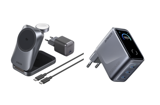 Station de charge sans fil Anker Prime (3-en-1, MagGo, AirCool, pliable) + Chargeur Anker Prime (160 W, 3 ports) avec écran