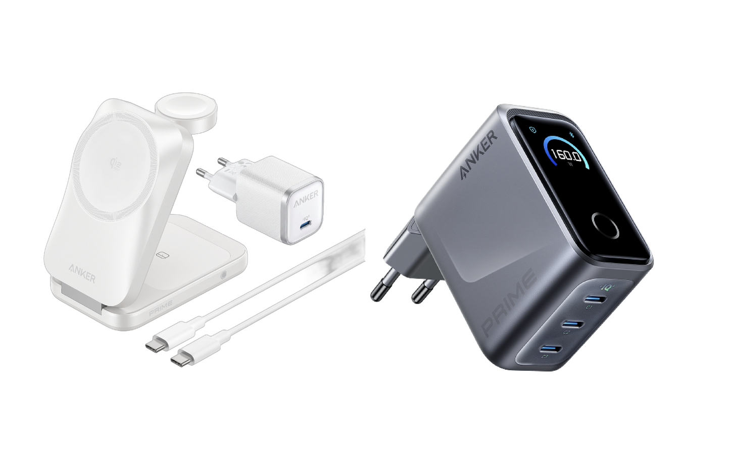 Station de charge sans fil Anker Prime (3-en-1, MagGo, AirCool, pliable) + Chargeur Anker Prime (160 W, 3 ports) avec écran