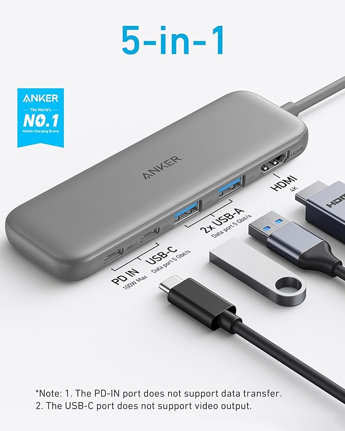 Anker Hub USB-C (5-en-1, HDMI 4K, MacBook/PC)