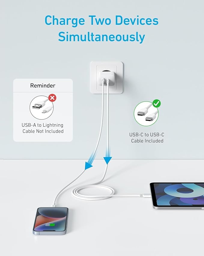 Chargeur Anker 20 W (iPhone/iPad, USB-C, câble 1,5 m)