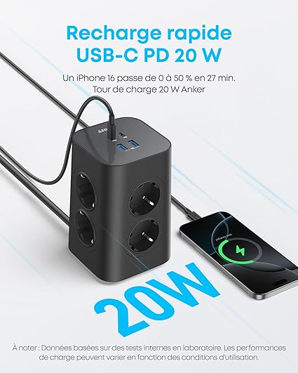 Multiprise Anker (12-en-1, 20 W USB-C, câble 2 m)