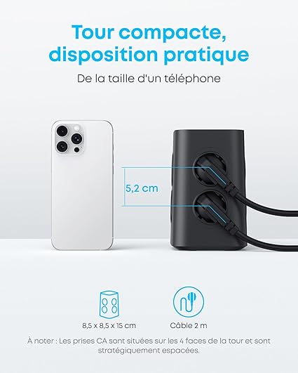 Multiprise Anker (12-en-1, 20 W USB-C, câble 2 m)