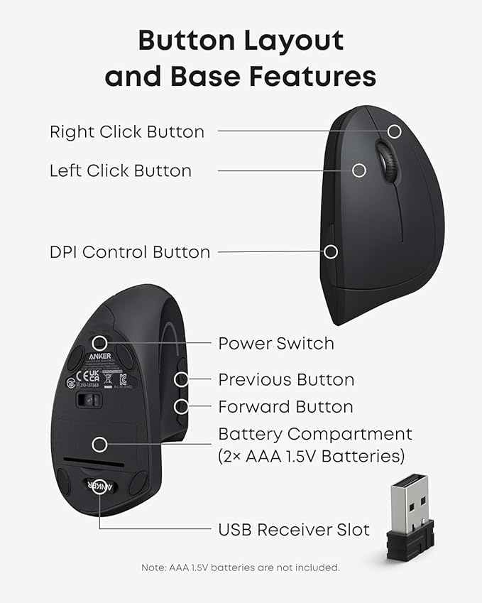 Souris Anker verticale (sans fil, 800–1600 DPI, 5 boutons)