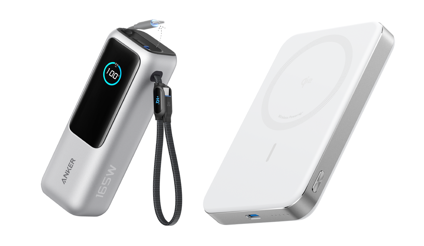 PowerBank Anker (25K, 165 W, câble intégré + câble rétractable) + Anker MagGo Powerbank (10000mAh, Slim)