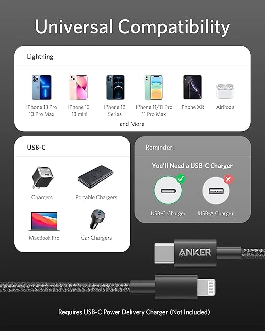 Anker Câble USB C vers Lightning  [1.8m, certifié Apple MFi]