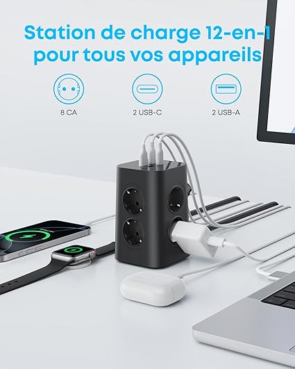 Multiprise Anker (12-en-1, 20 W USB-C, câble 2 m)