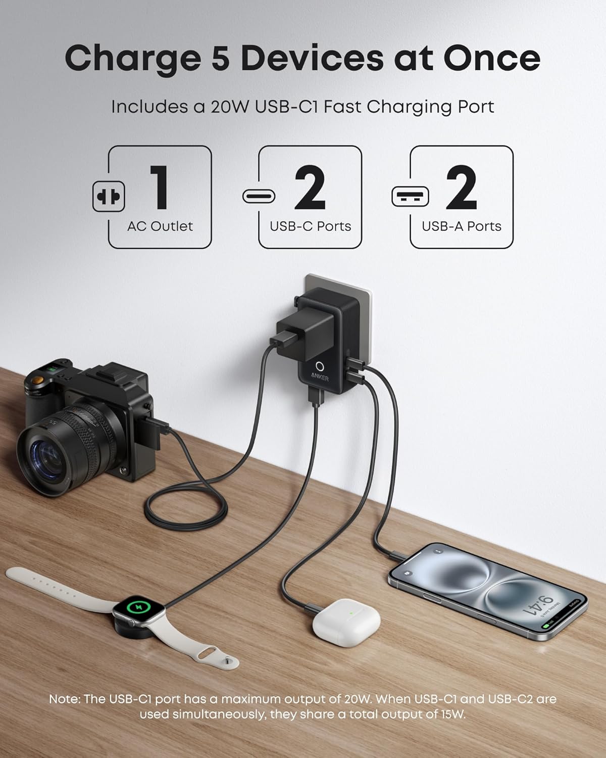 Chargeur Anker (140 W, 4 ports, PD 3.1) avec câble USB-C + Adaptateur de voyage Anker Nano (5-en-1, 20 W)