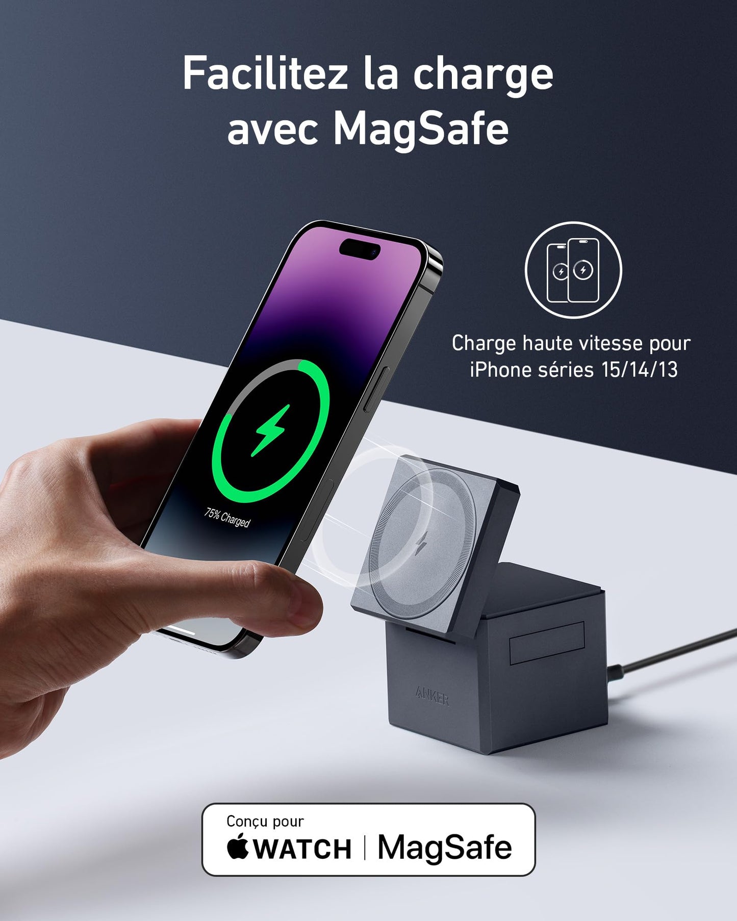 PowerBank Anker (25K, 165 W, câble intégré + câble rétractable) + Cube 3-en-1 MagSafe Anker