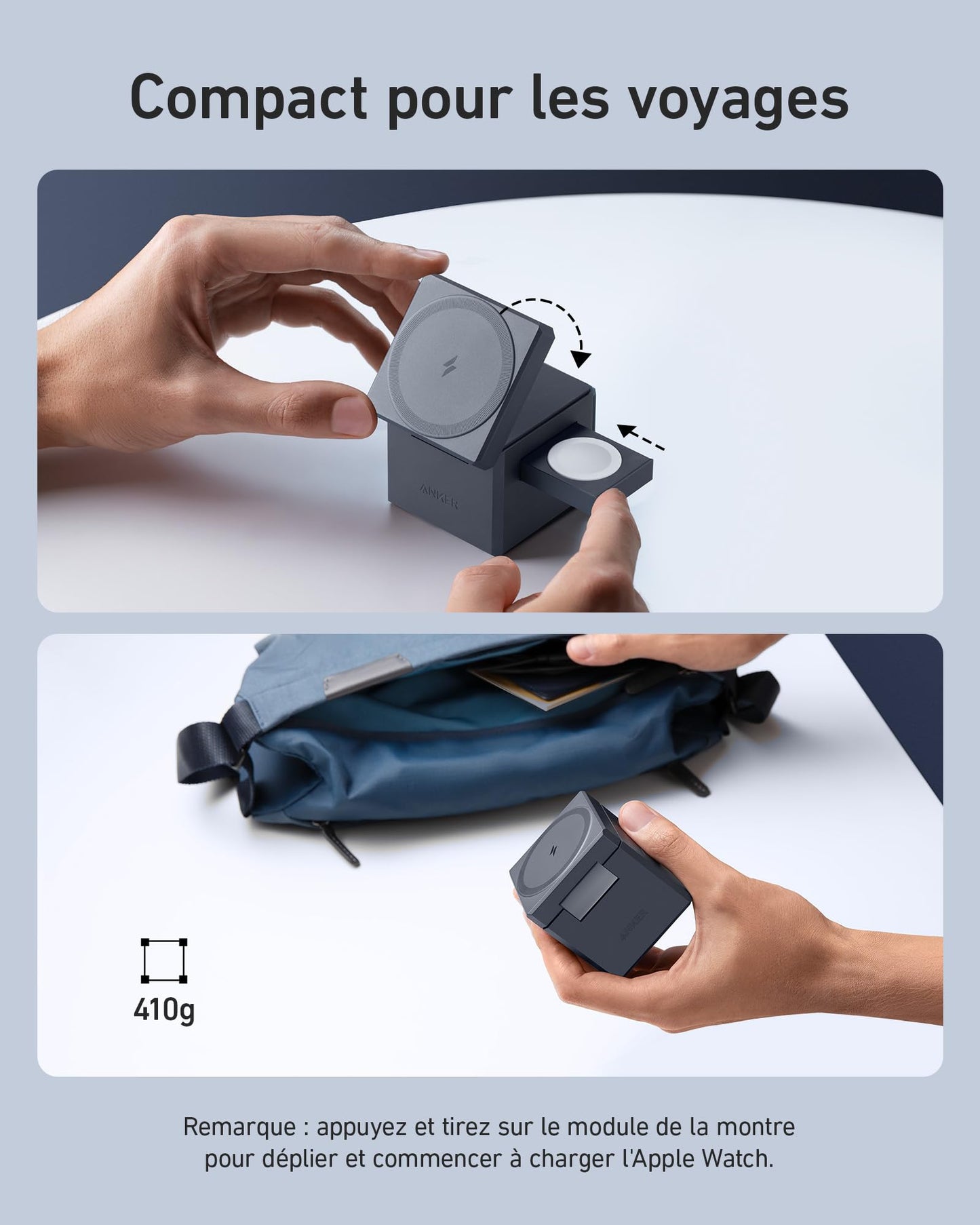 PowerBank Anker (25K, 165 W, câble intégré + câble rétractable) + Cube 3-en-1 MagSafe Anker