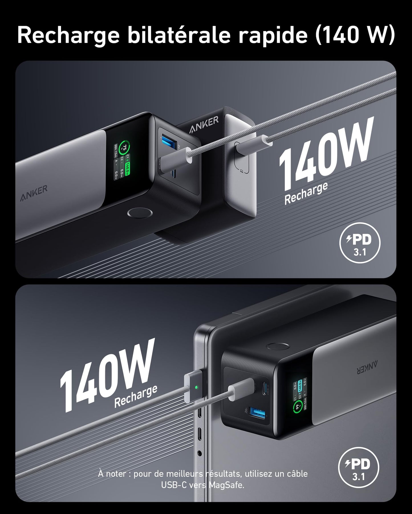 Chargeur Anker 737 (24 000 mAh) + Câble USB-C vers USB-C