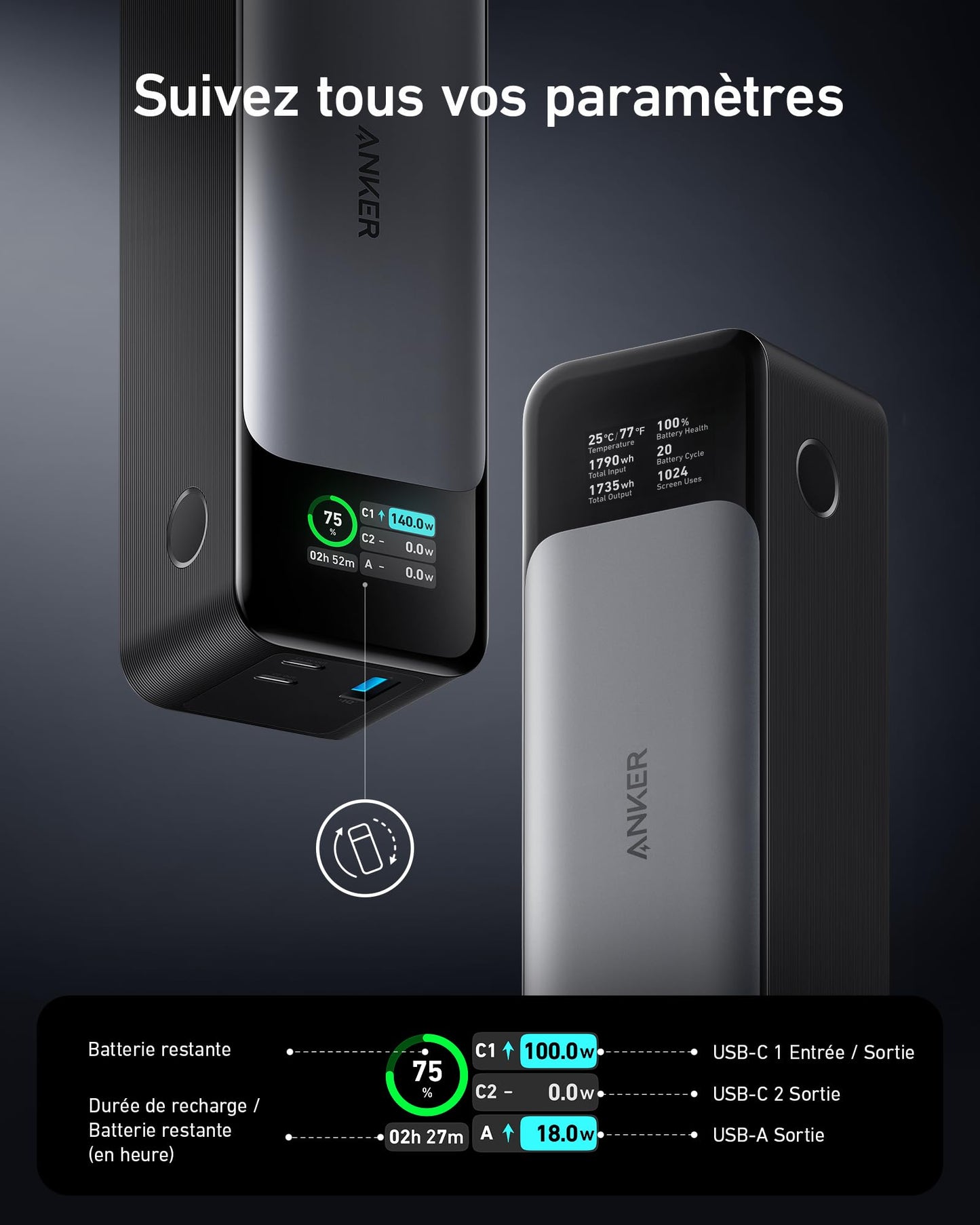 Chargeur Anker 737 (24 000 mAh) + Câble USB-C vers USB-C