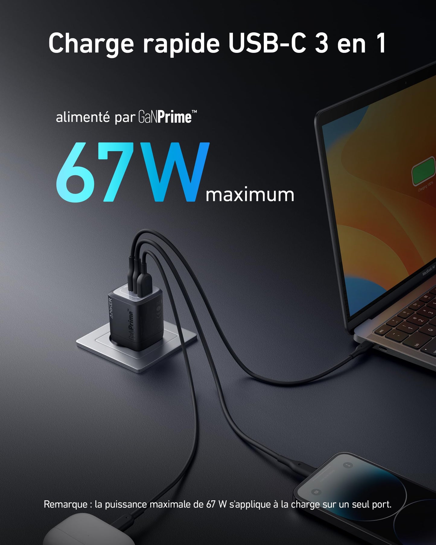 chargeur rapide (3 ports) + Câble  USB-C (240 W)