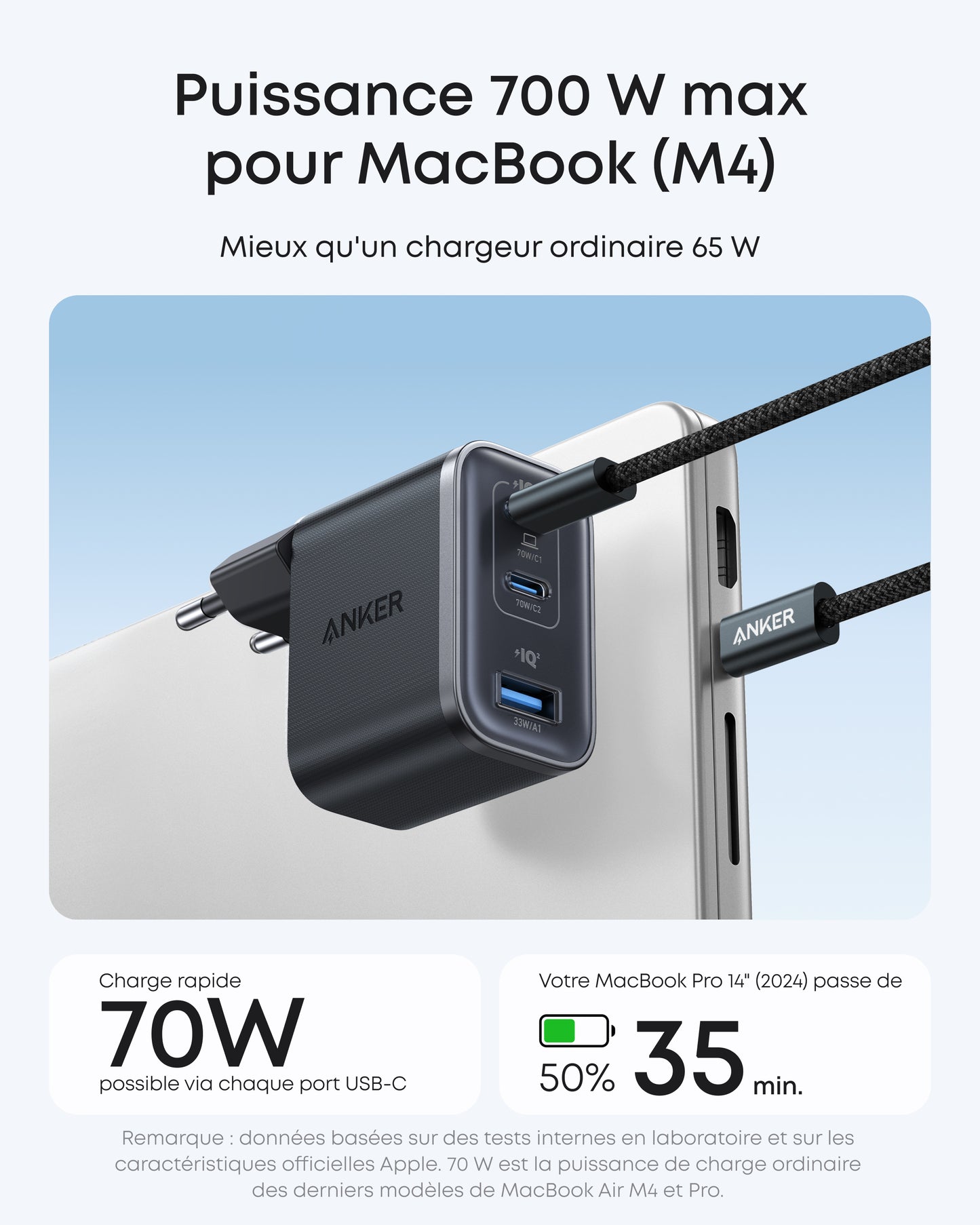 Chargeur Anker Nano (70 W, 3 ports) avec câble USB-C
