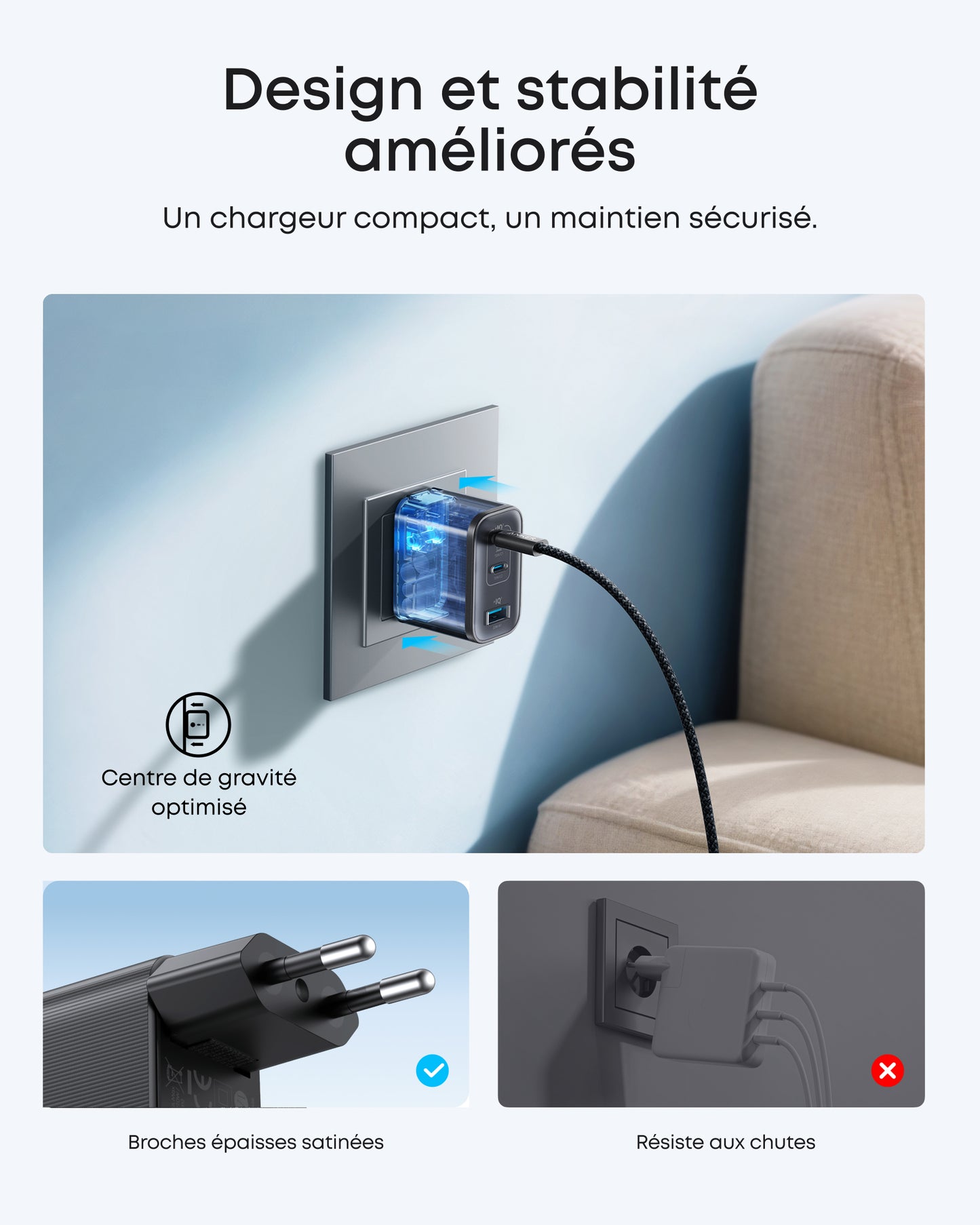 Chargeur Anker Nano (70 W, 3 ports) avec câble USB-C