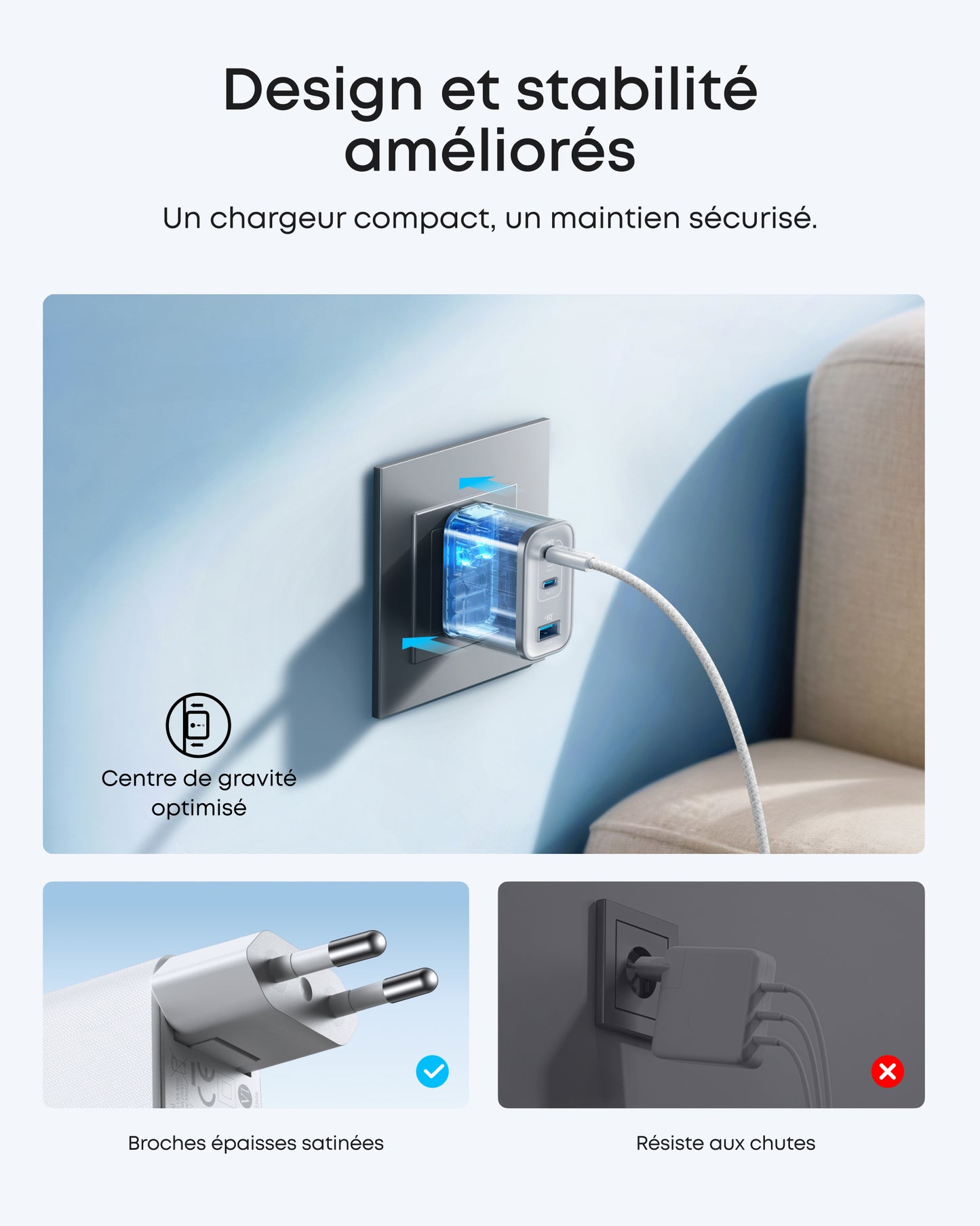Chargeur Anker Nano (70 W, 3 ports) avec câble USB-C