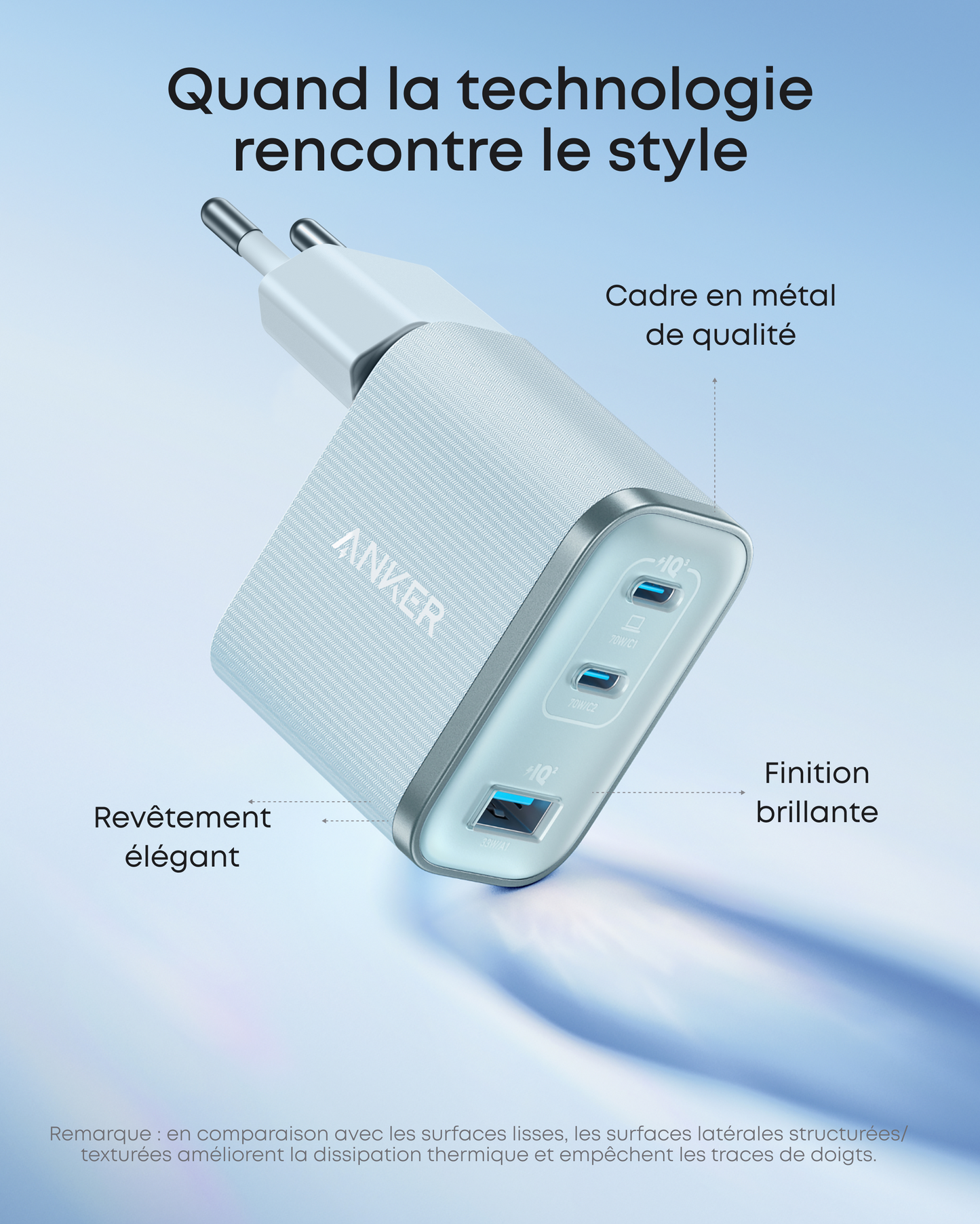 Chargeur Anker Nano (70 W, 3 ports) avec câble USB-C