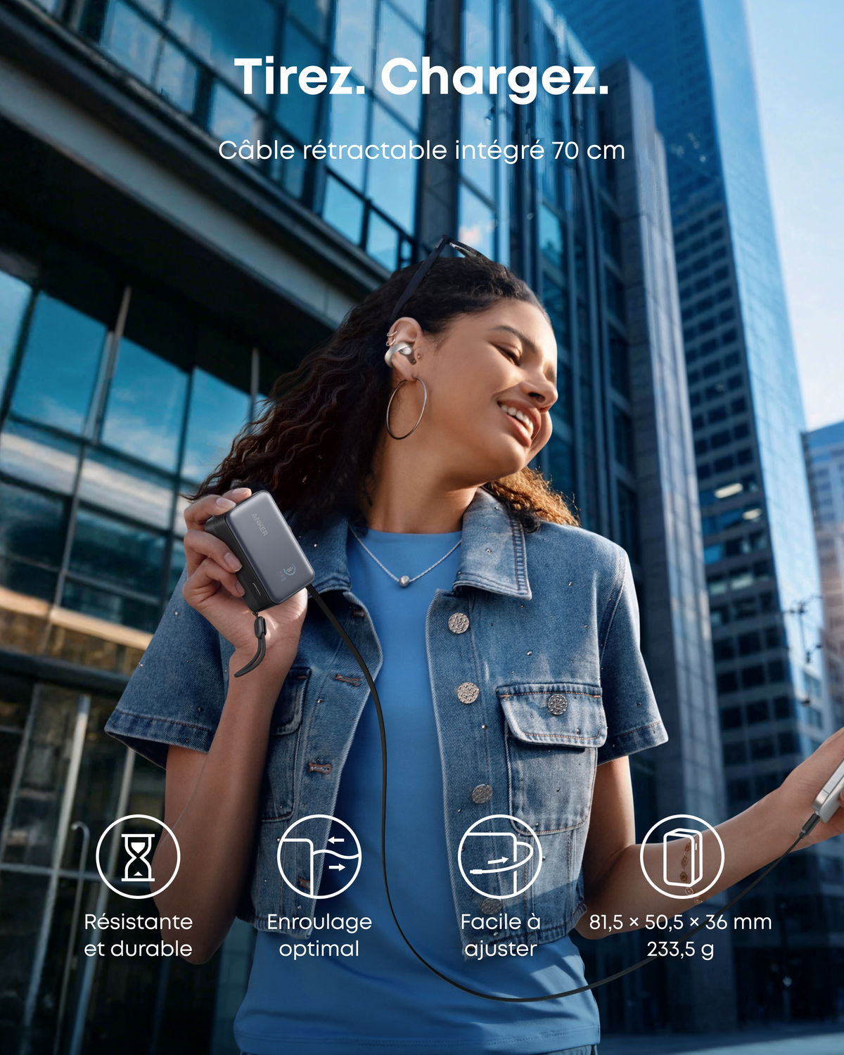 Batterie externe Anker Nano (10K, 45 W, câble USB-C rétractable intégré)