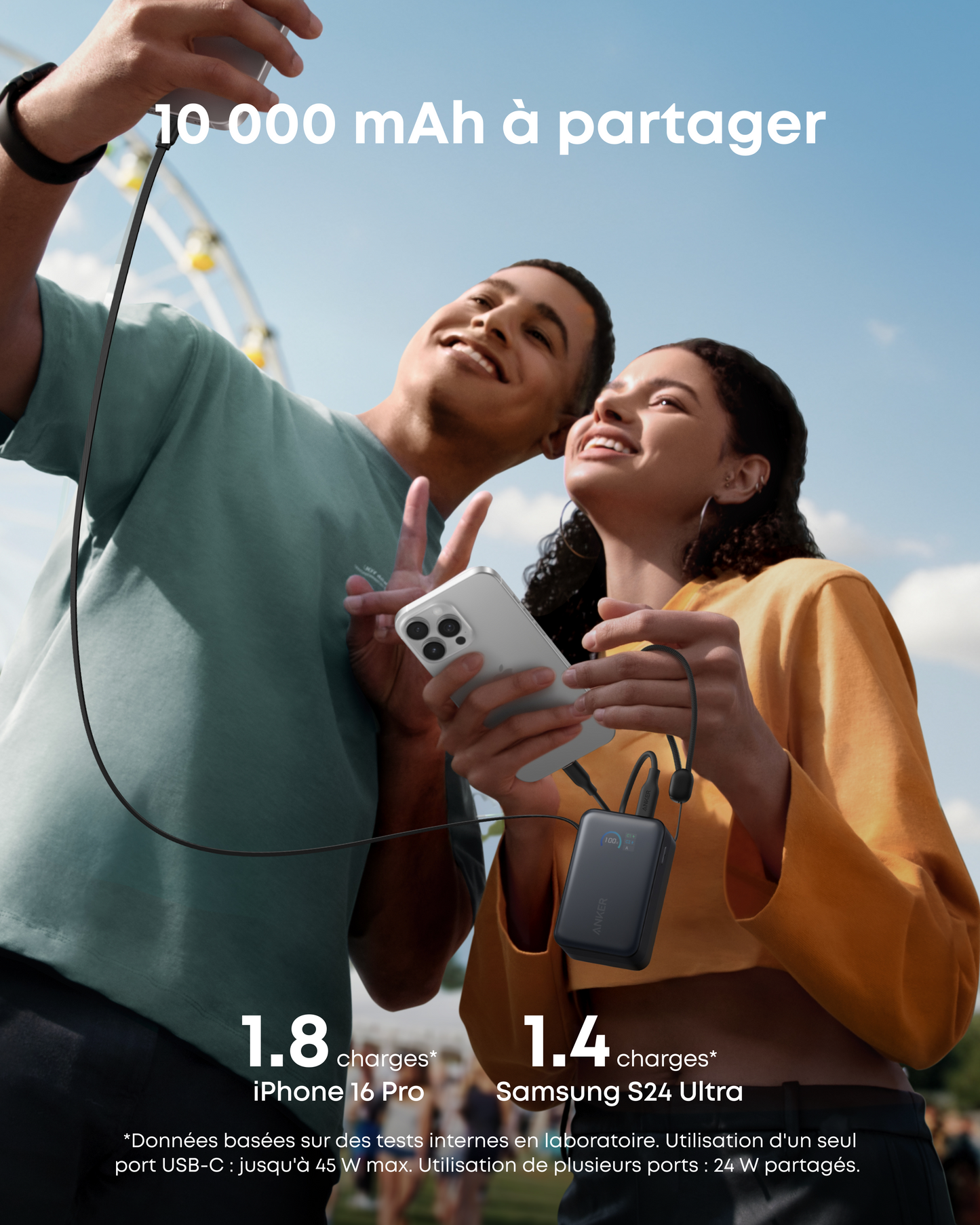 Chargeur Anker (140 W, 4 ports, PD 3.1) avec câble USB-C + Batterie externe Anker Nano (10K, 45 W, câble USB-C rétractable intégré)