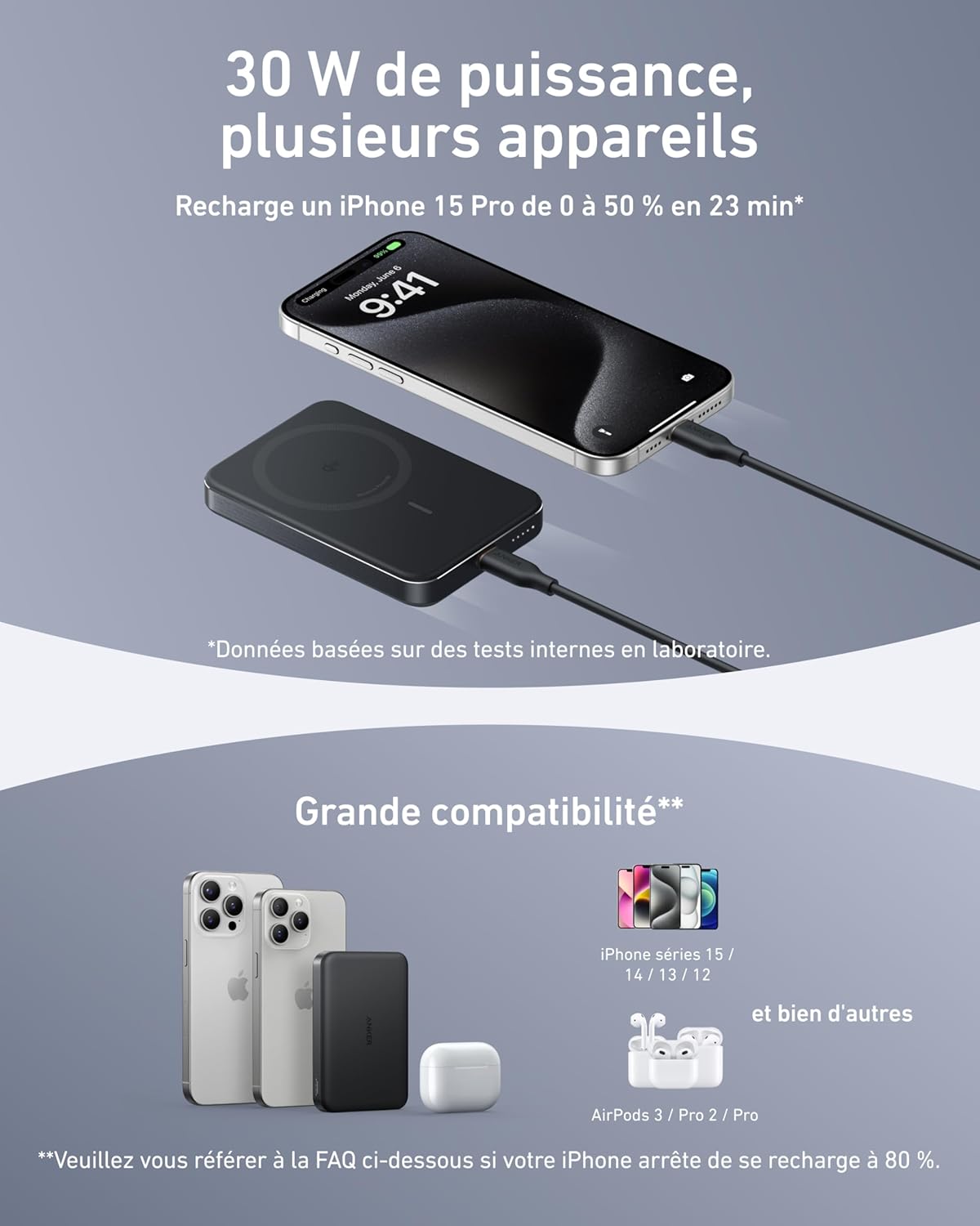 Chargeur Anker Nano (45 W, écran intelligent) + PowerBank Anker MagGo (10K, Slim)