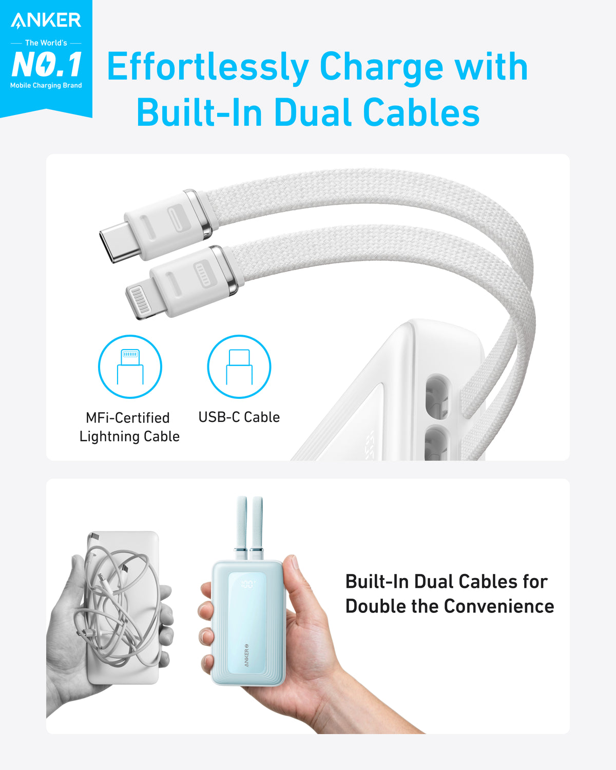 Anker Zolo PowerBank (20K, câbles USB-C et Lightning intégrés)