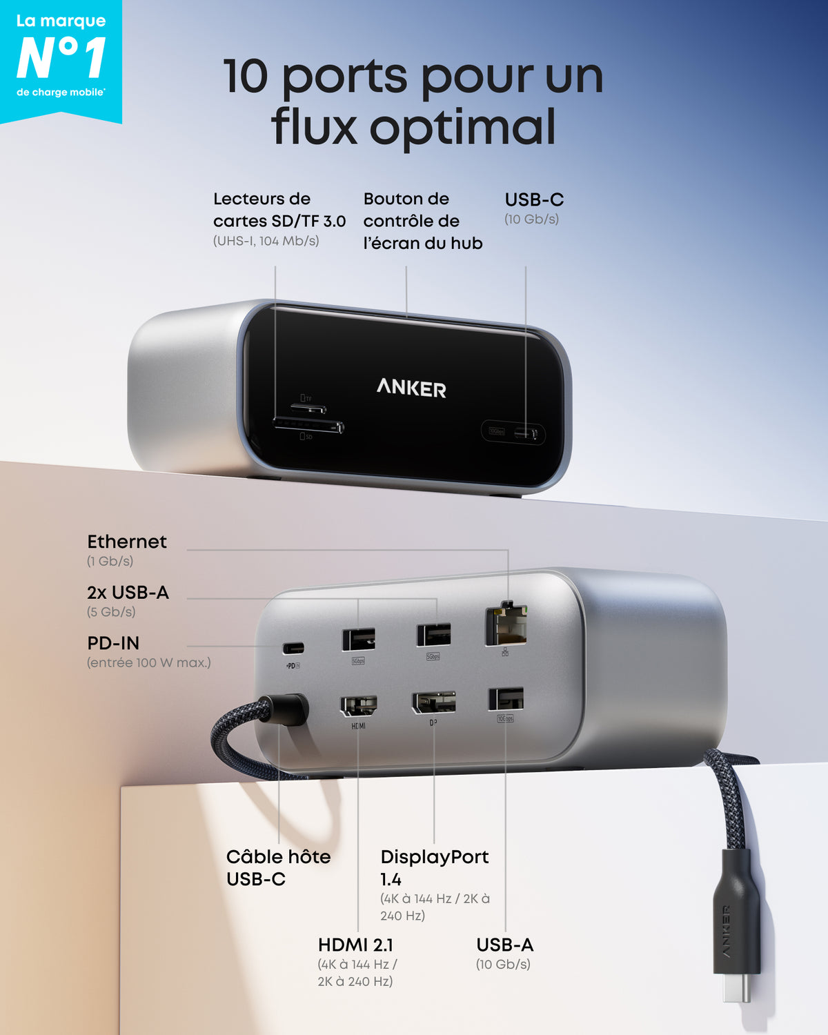 Concentrateur USB-C Anker Nano (10-en-1, 240 Hz, écran intelligent)（Cadeau d’inscription）