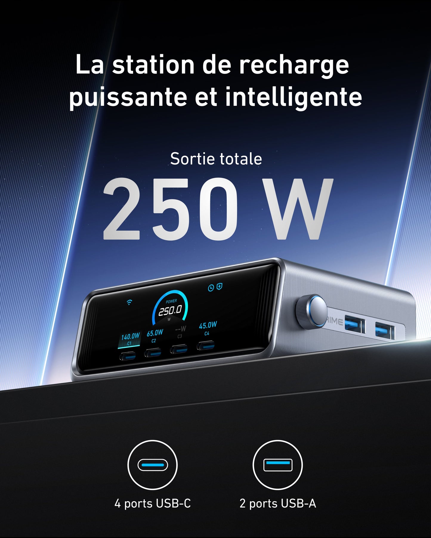 Chargeur Anker Prime (250 W, 6 ports) + Câble Anker USB-C vers USB-C (240 W)
