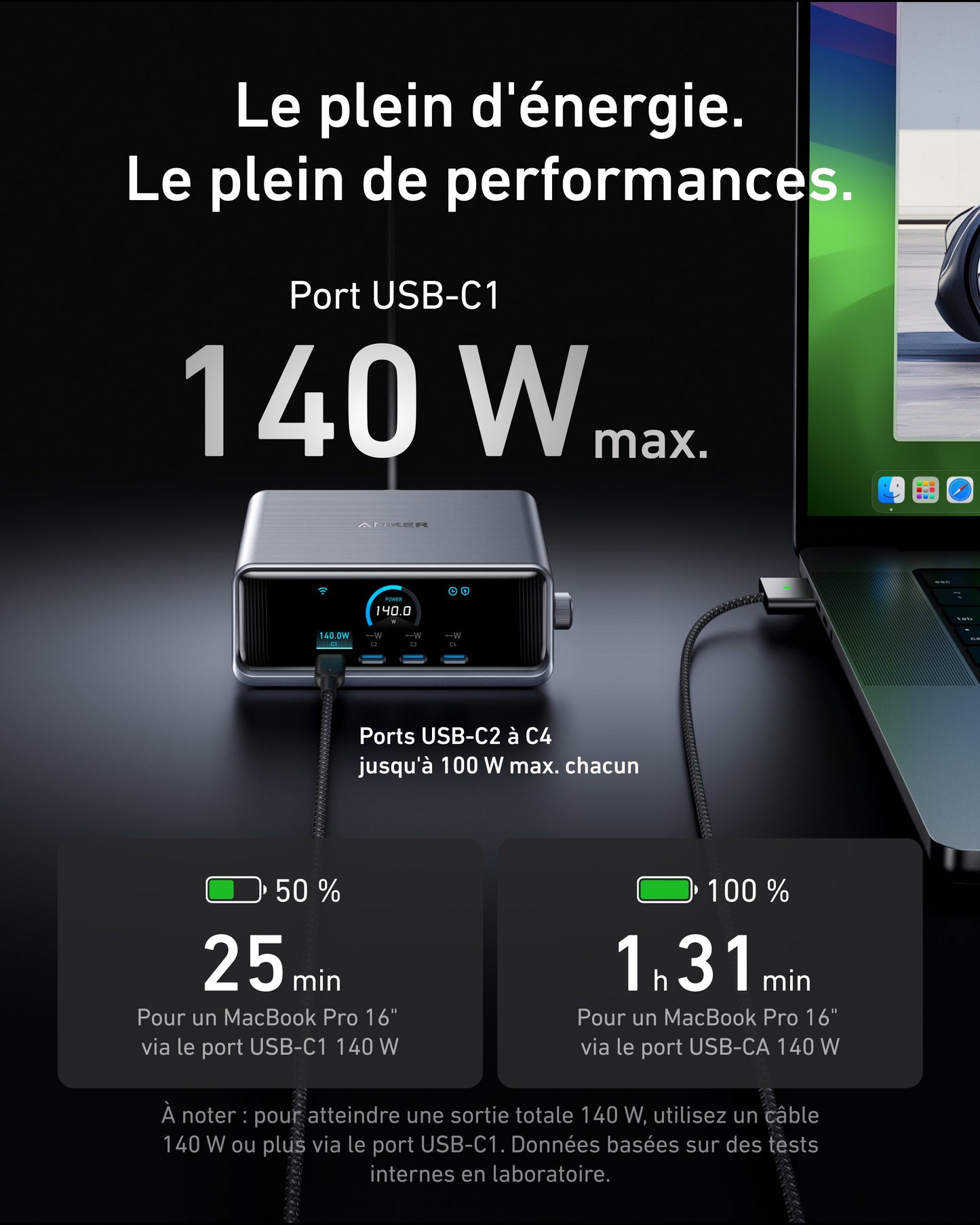 Chargeur Anker Prime (250 W, 6 ports) + Câble Anker USB-C vers USB-C (240 W)