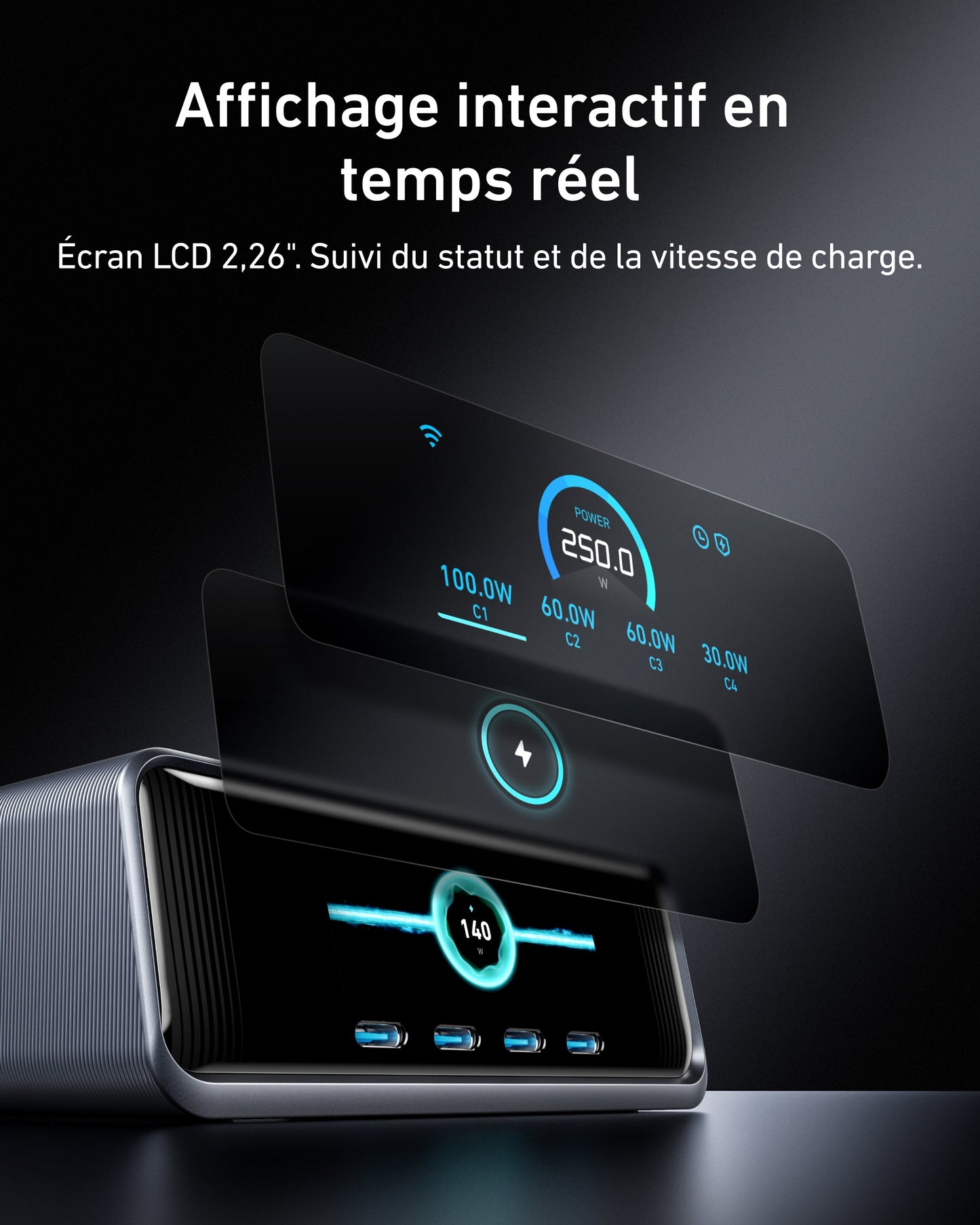 Chargeur Anker Prime (250 W, 6 ports) + Câble Anker USB-C vers USB-C (240 W)
