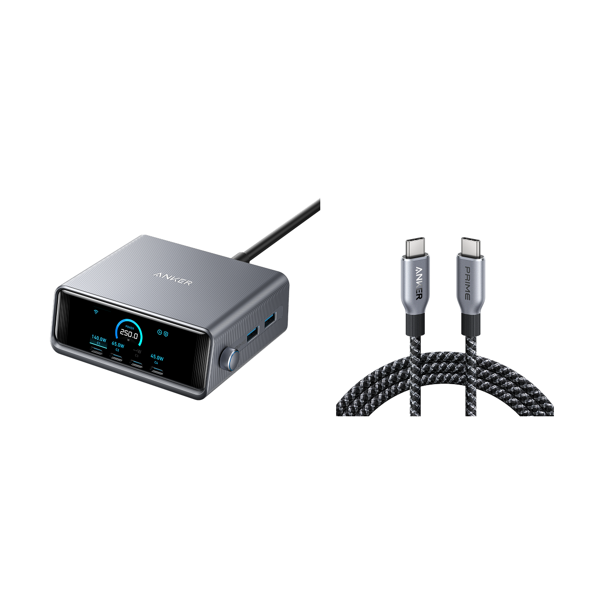 Chargeur Anker Prime (250 W, 6 ports) + Câble Anker USB-C vers USB-C (240 W)